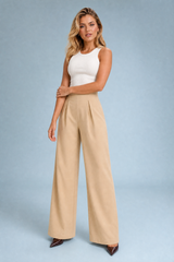 Beige High-Waisted Wide-Leg Pants