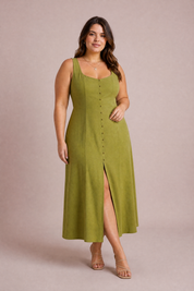 Robe midi à encolure carrée | Porté sur une silhouette plus ronde | Lounelle Paris
