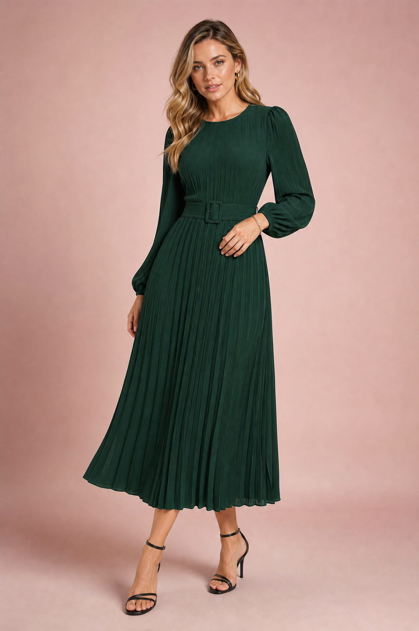 Robe longue plissée à manches bouffantes | Vue de face | Lounelle Paris