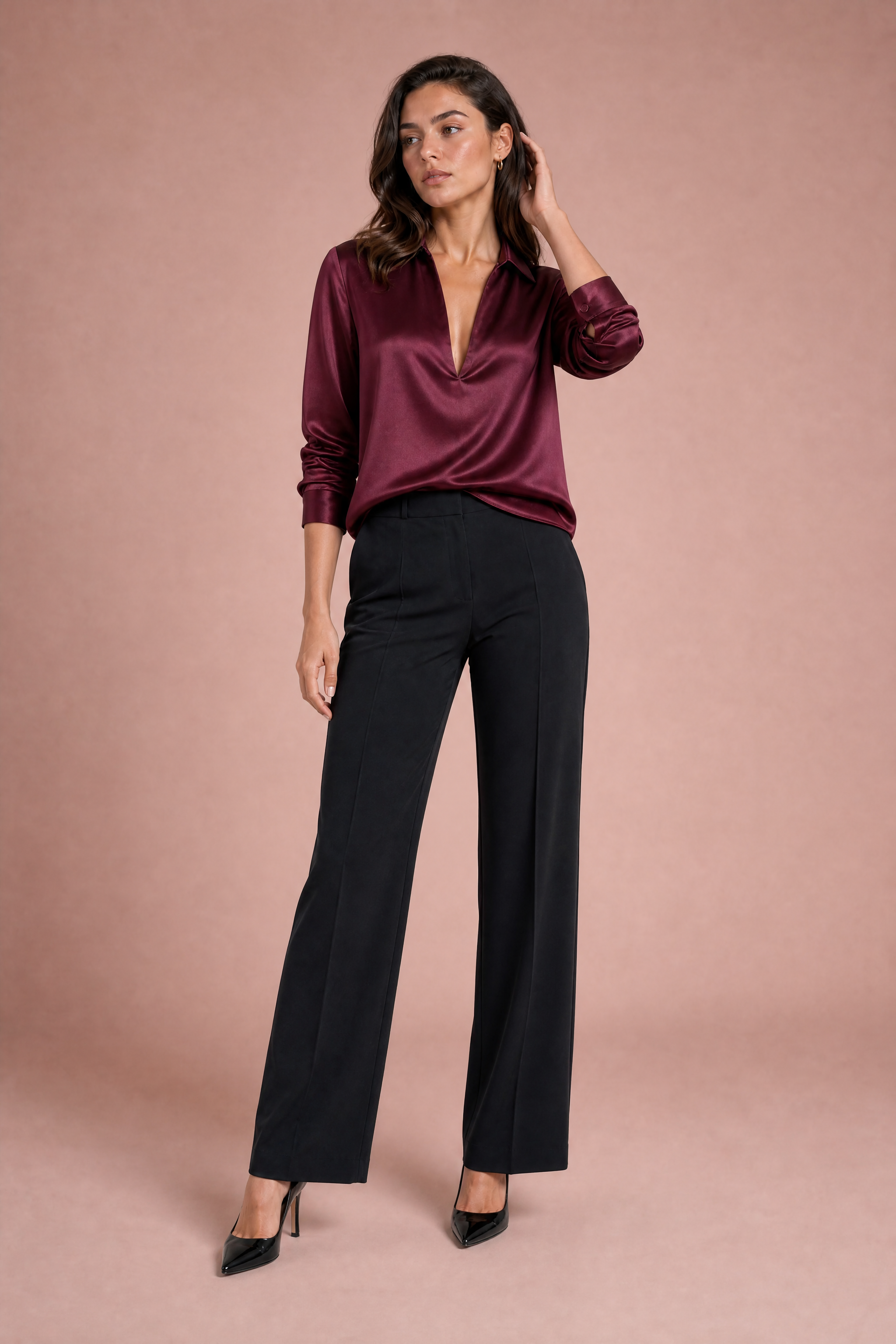 Chemise fluide col V | Variante Bordeaux | Lounelle Paris