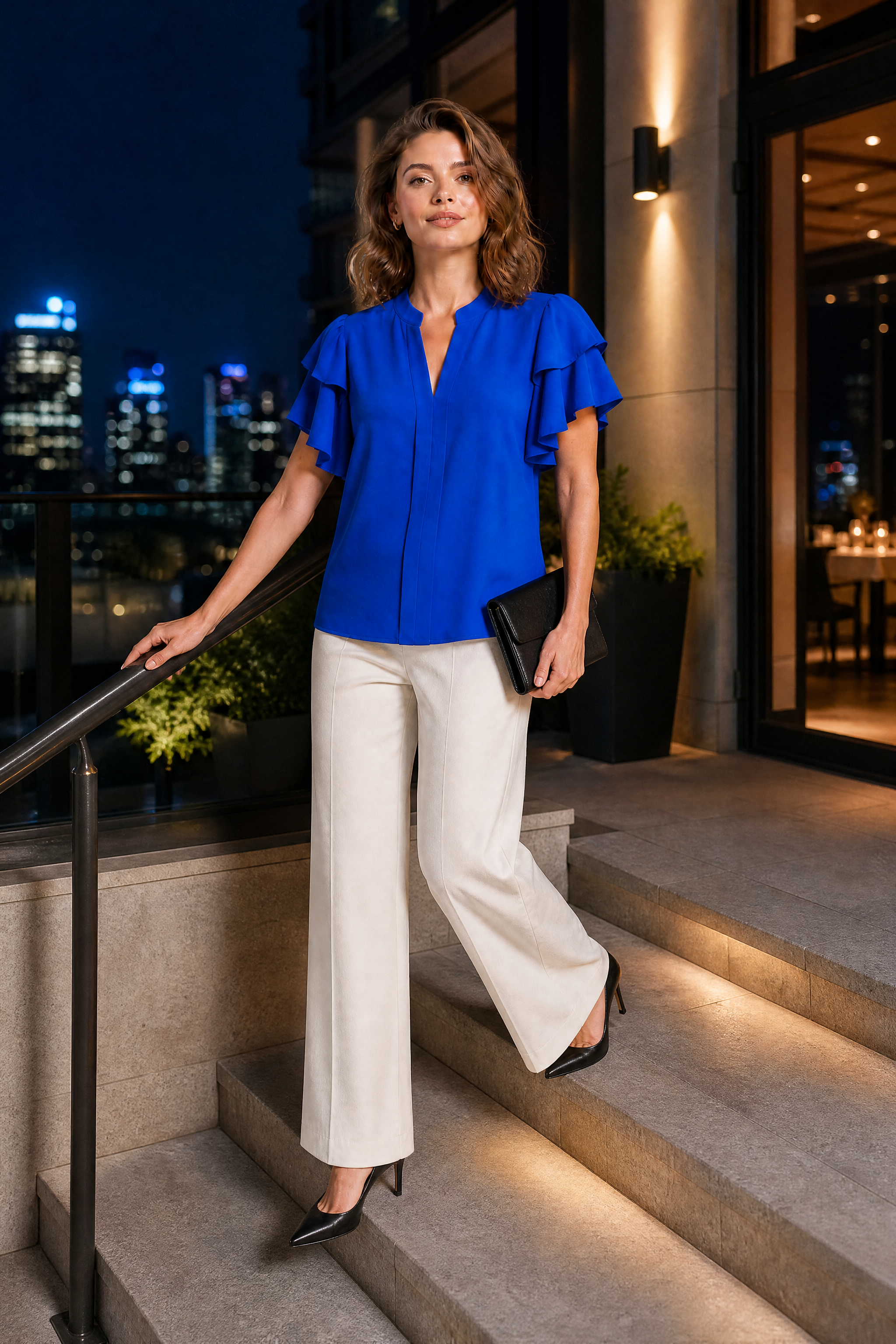 Blouse col V manches volantées | Variante Bleu - Lifestyle | Lounelle Paris