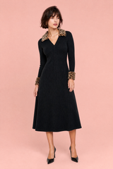 Leopard-Trim V-Neck Sweater Dress