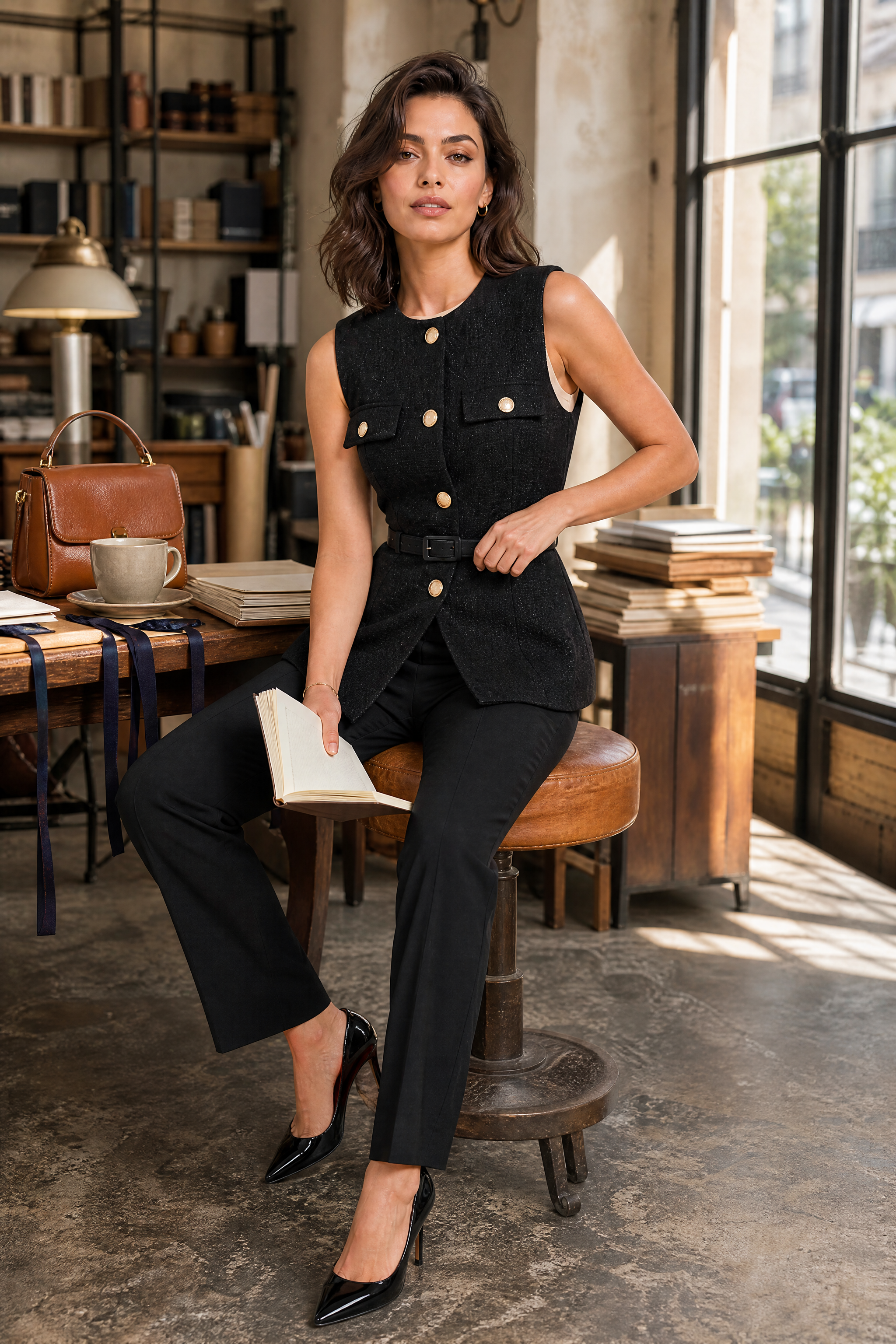 Gilet sans manches texturé ceinturé | Photo lifestyle | Lounelle Paris