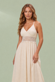 Robe longue abricot col halter dos nu | Vue rapprochée | Lounelle Paris