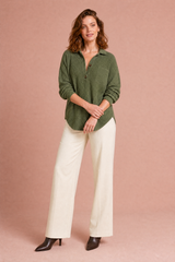 Waffle-Knit Collared Button Top