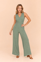 Green V-neck smocked waist jumpsuit