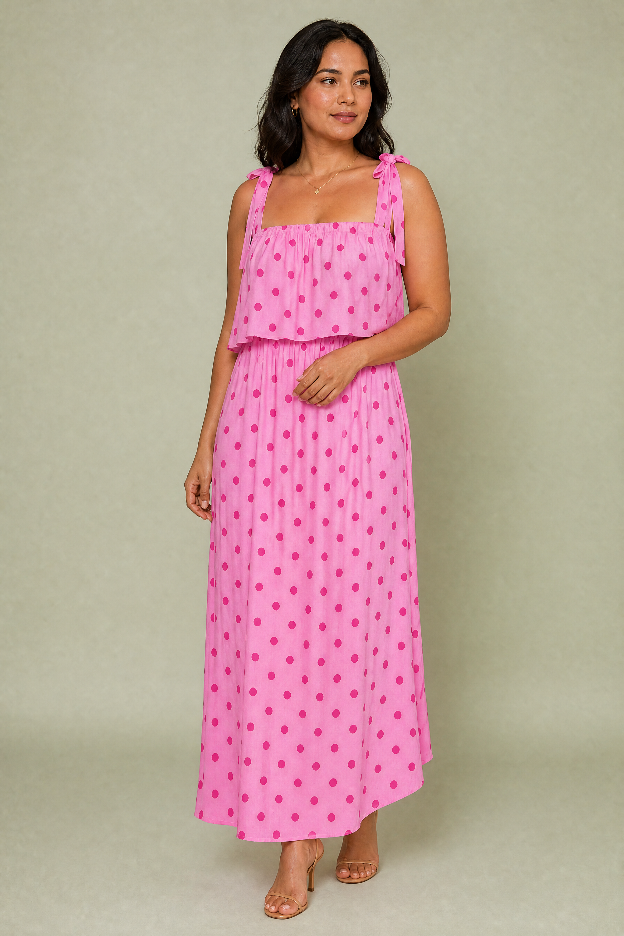 Robe longue rose à pois | Porté sur une autre silhouette | Lounelle Paris