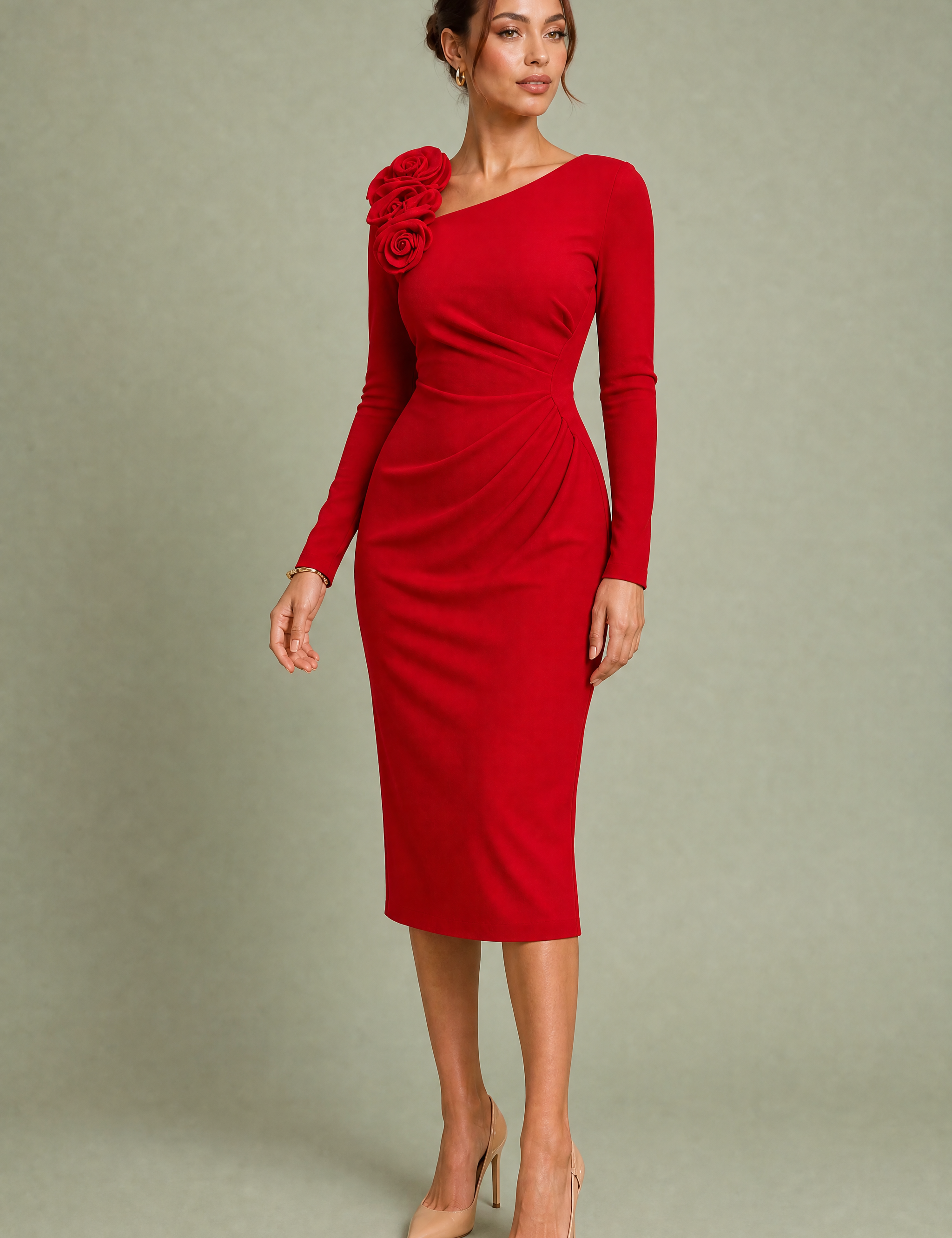 Robe asymétrique à fleur d'épaule | Variante Rouge | Lounelle Paris