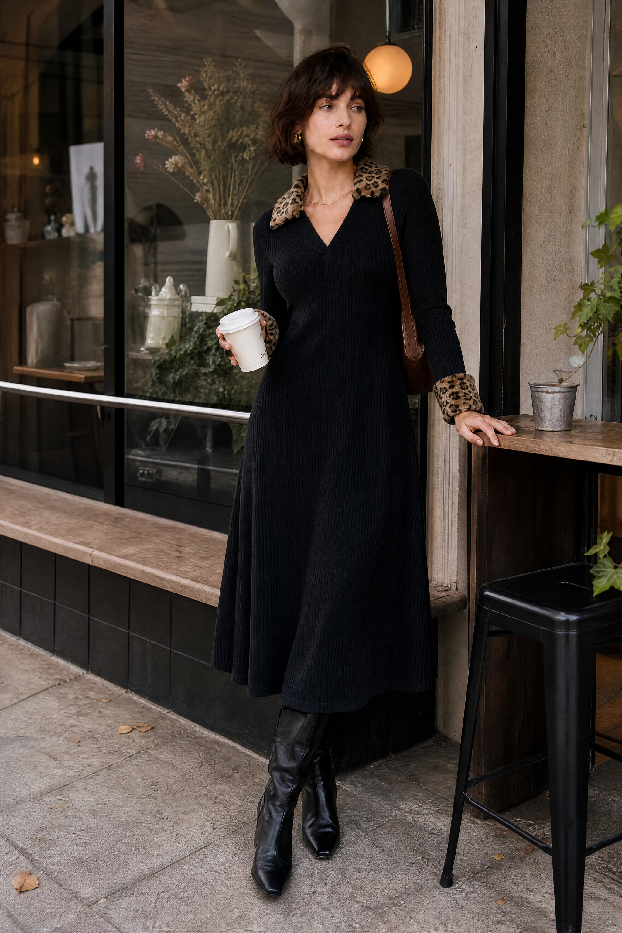 Robe noire col V léopard | Deuxième photo lifestyle | Lounelle Paris
