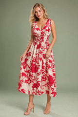 Red Floral Open-Back Midi Dress