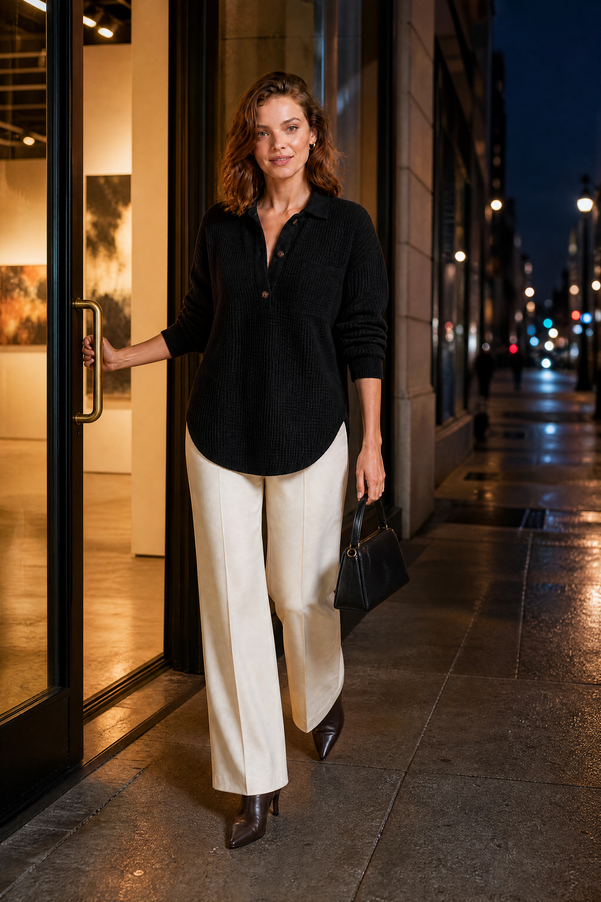 Top maille gaufrée col chemise | Variante Noir - Lifestyle | Lounelle Paris
