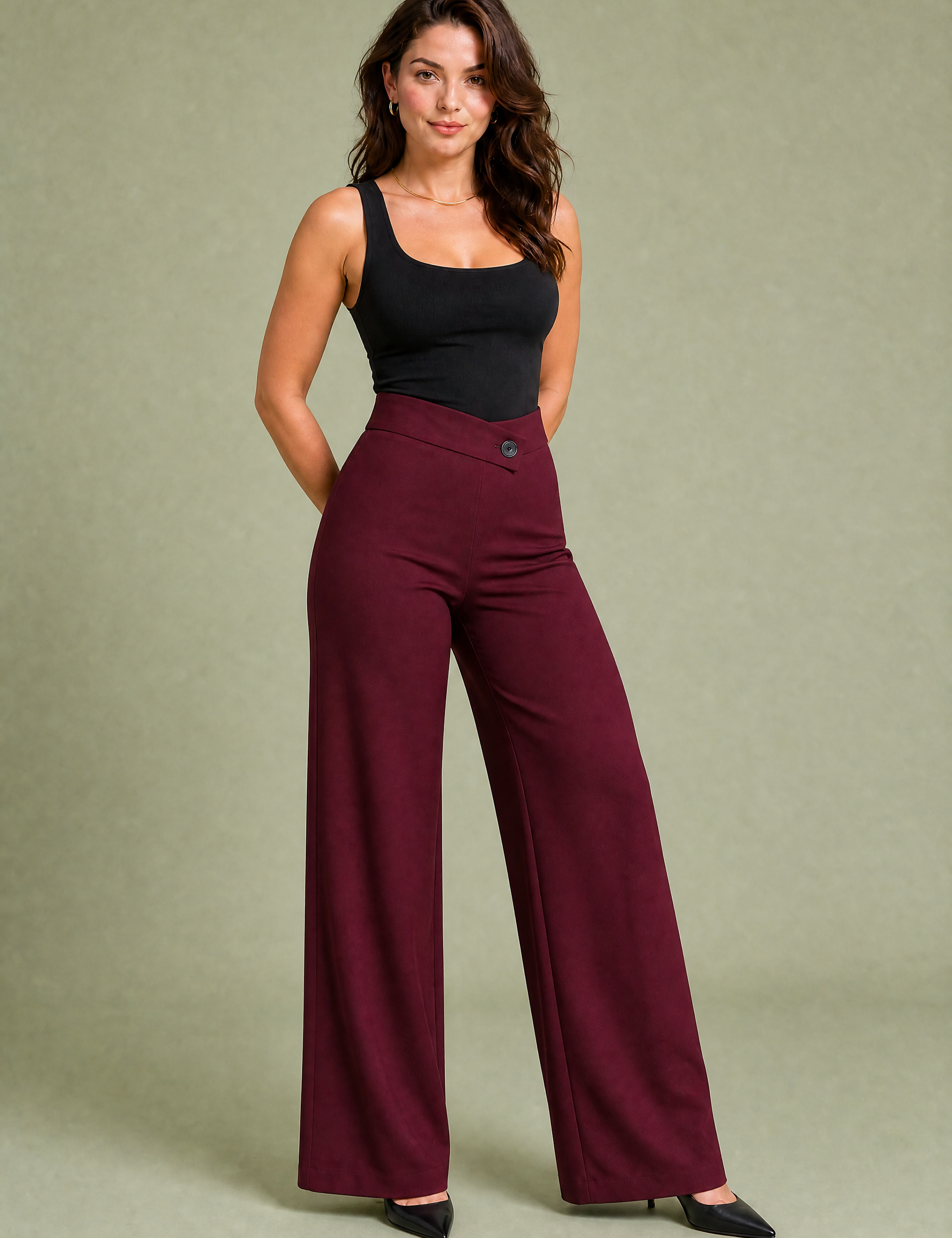 Pantalon fluide taille haute ceinture croisée | Variante Bordeaux | Lounelle Paris