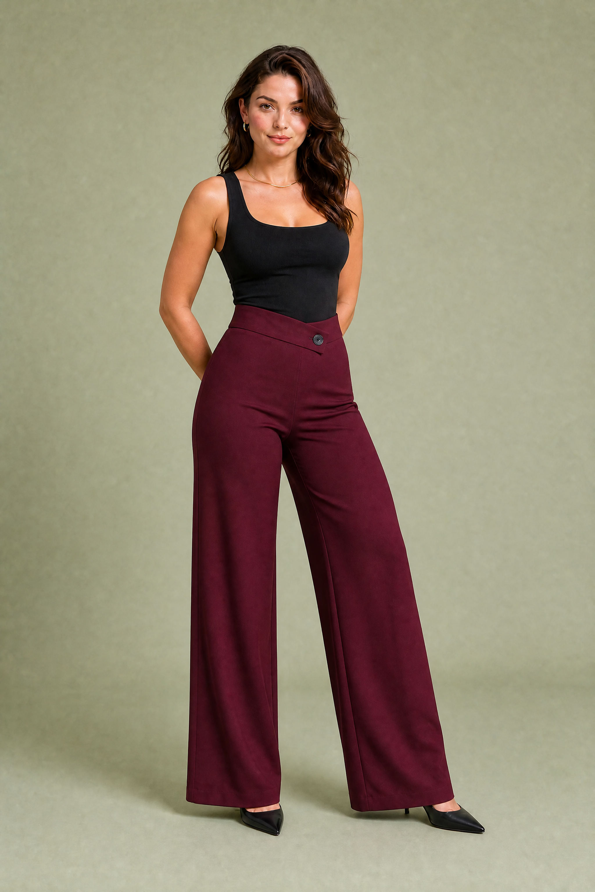 Pantalon fluide taille haute ceinture croisée | Variante Bordeaux | Lounelle Paris