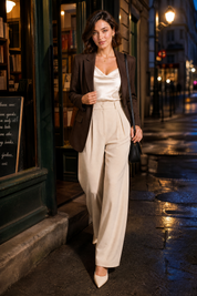 Pantalon large taille haute fluide | Variante Beige - Lifestyle | Lounelle Paris