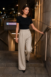 Pantalon taille haute jambes larges | Variante Beige - Lifestyle | Lounelle Paris