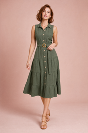Robe vert militaire col chemise ceinturée | Vue de face | Lounelle Paris
