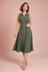 Olive Green Sleeveless Belted Shirt Dress