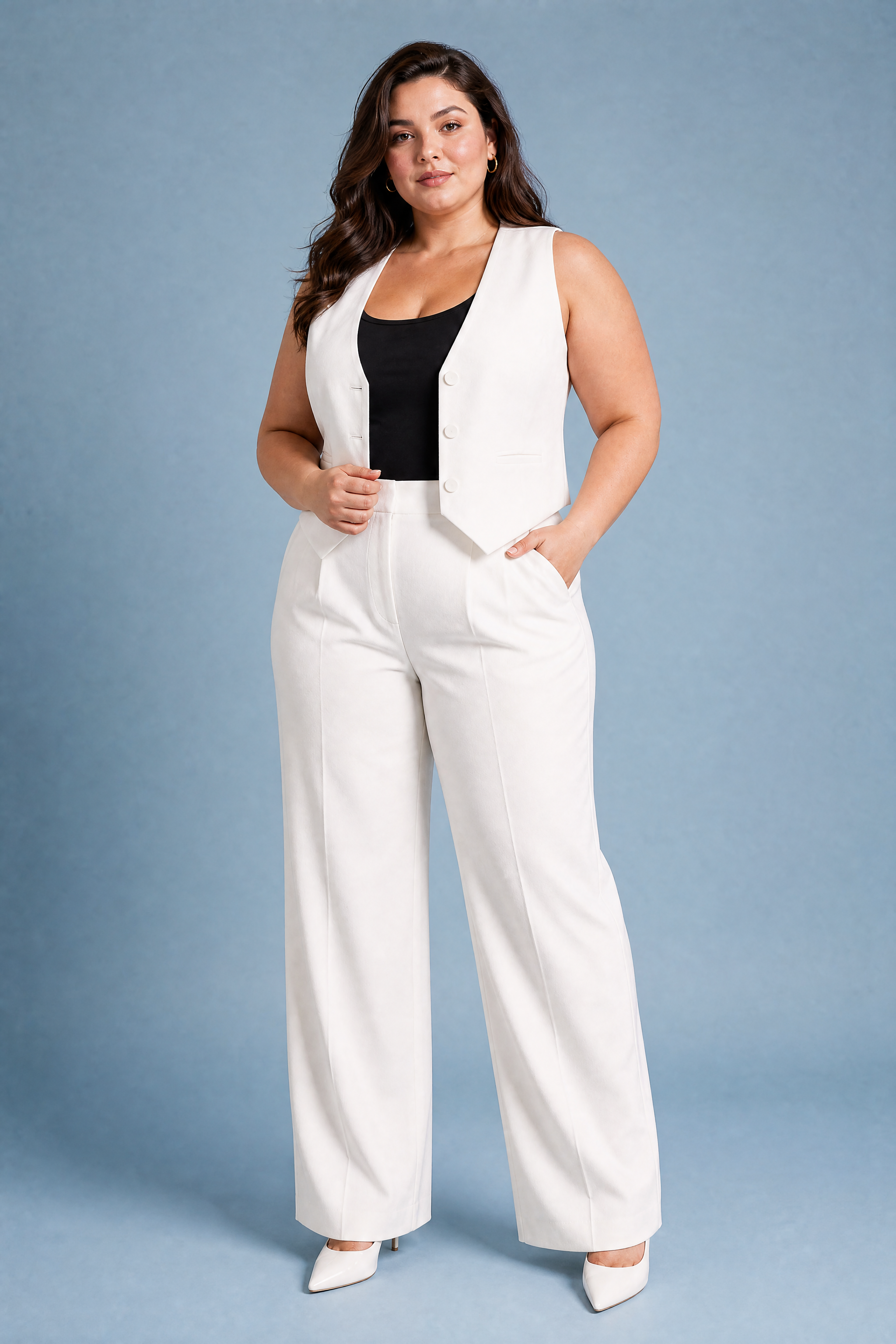 Ensemble gilet col V pantalon large | Porté sur une silhouette plus ronde | Lounelle Paris
