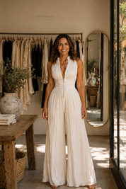 White Pleated High-Neck Wide-Leg Jumpsuit