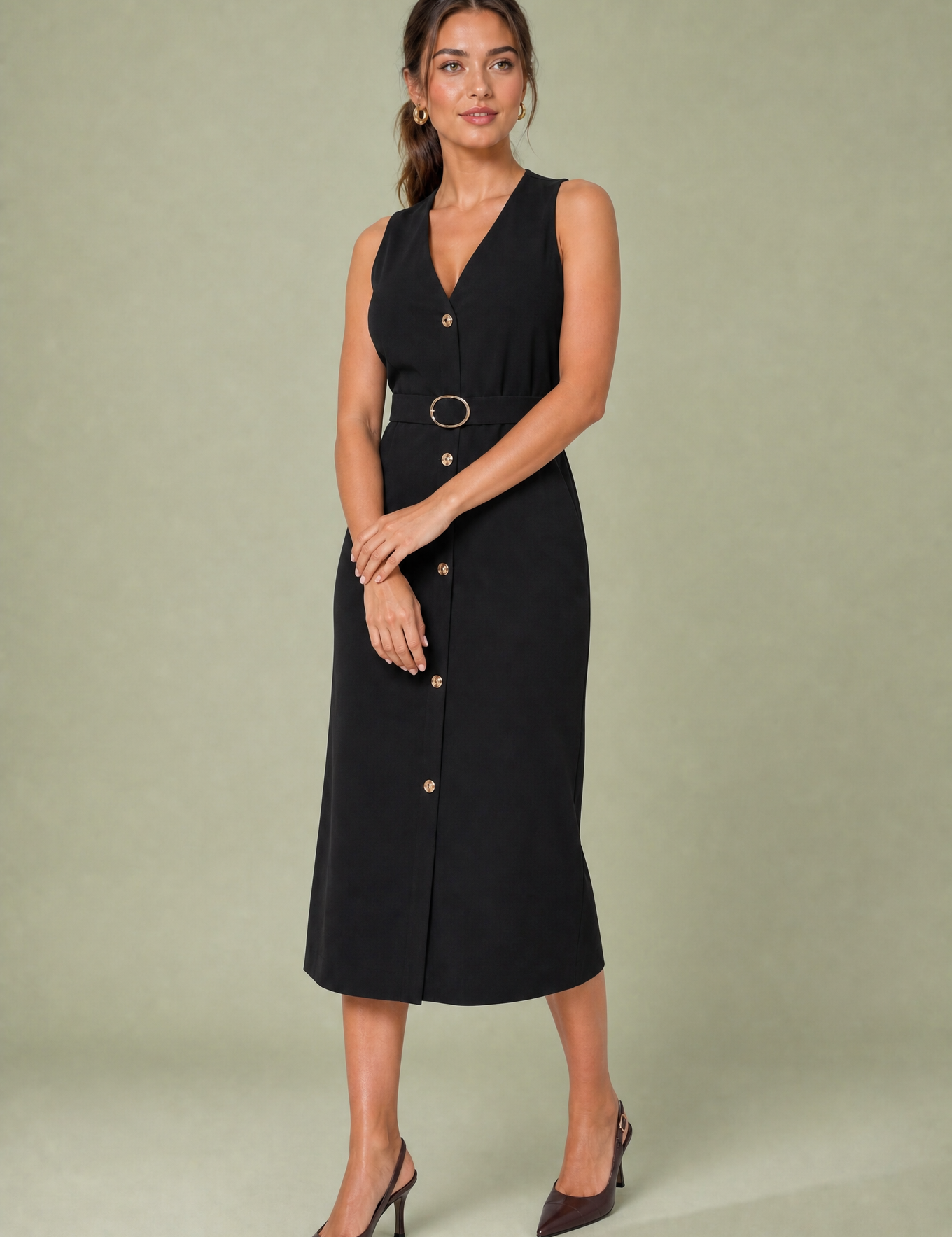 Robe midi col V ceinturée | Variante Noir | Lounelle Paris