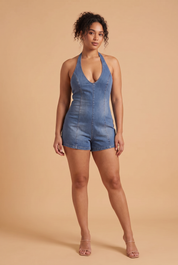 Combishort bleu col licou dos nu | Porté sur une autre silhouette | Lounelle Paris