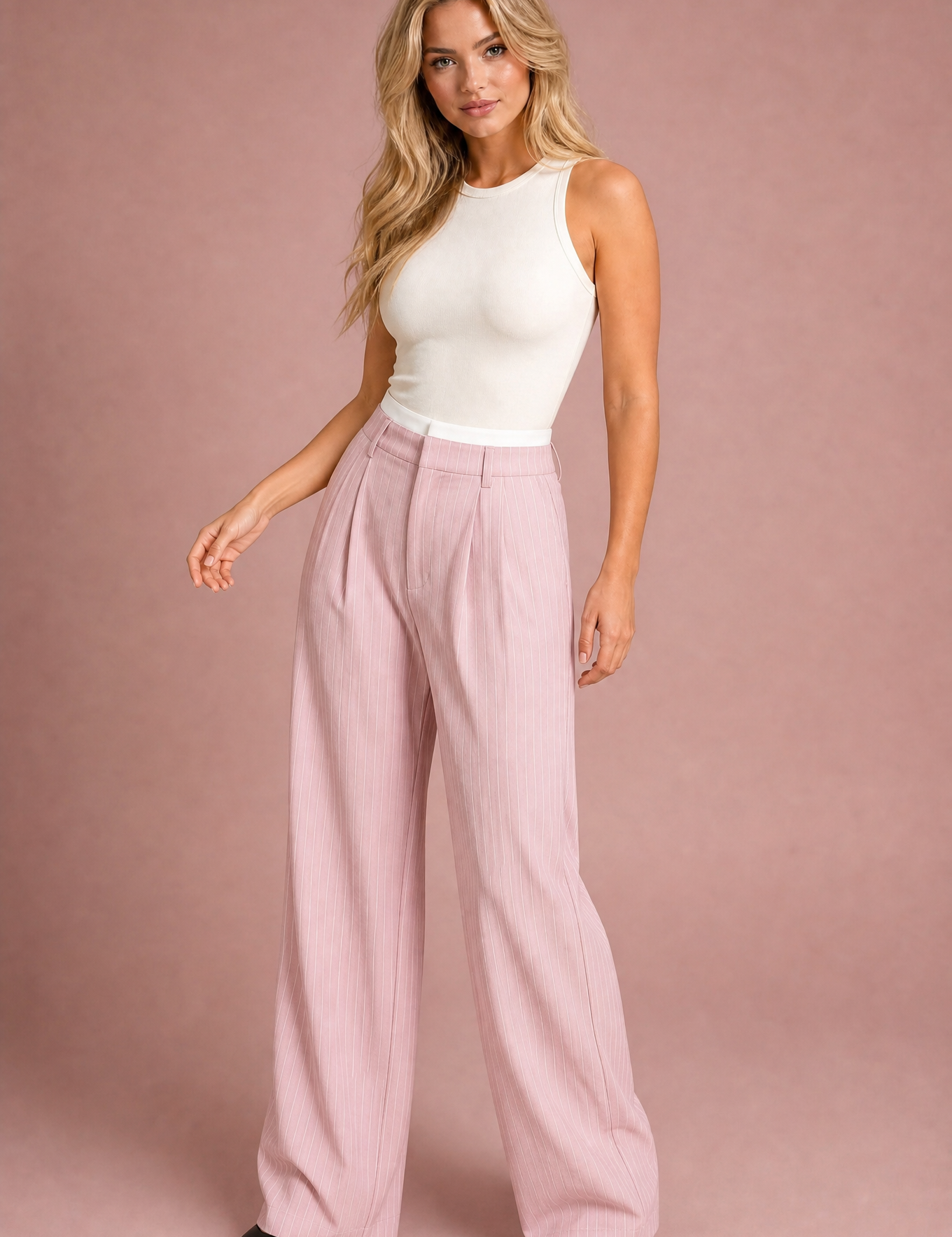 Pantalon large rayé taille haute | Variante Rose | Lounelle Paris