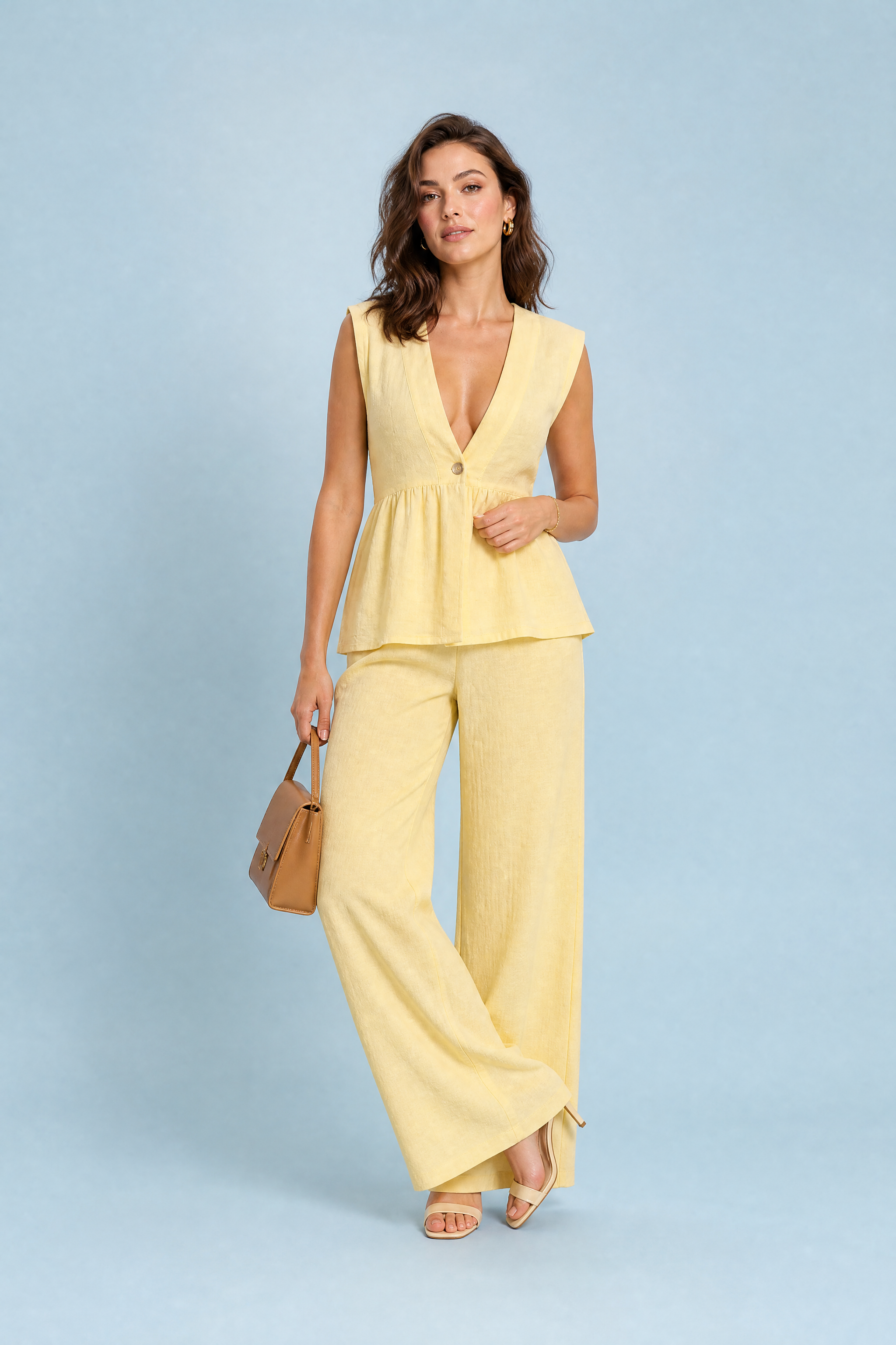 Ensemble pantalon jaune col V | Vue de face | Lounelle Paris