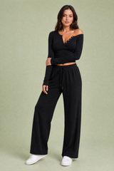 V-neck top and wide-leg trousers