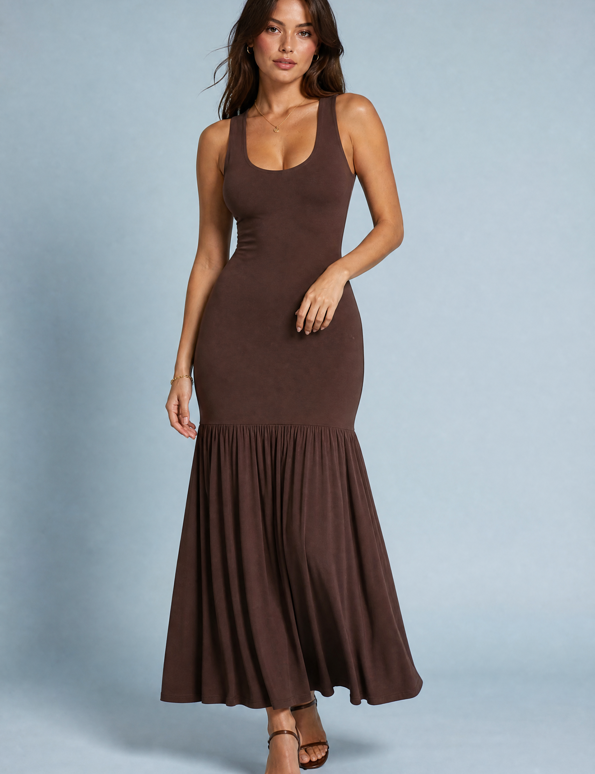 Robe longue marron bretelles larges | Vue de face | Lounelle Paris