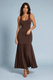 Robe longue marron bretelles larges | Vue de face | Lounelle Paris