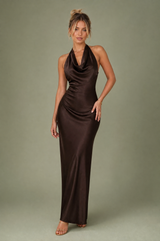 Brown Cowl-Neck Halter Open-Back Maxi Dress