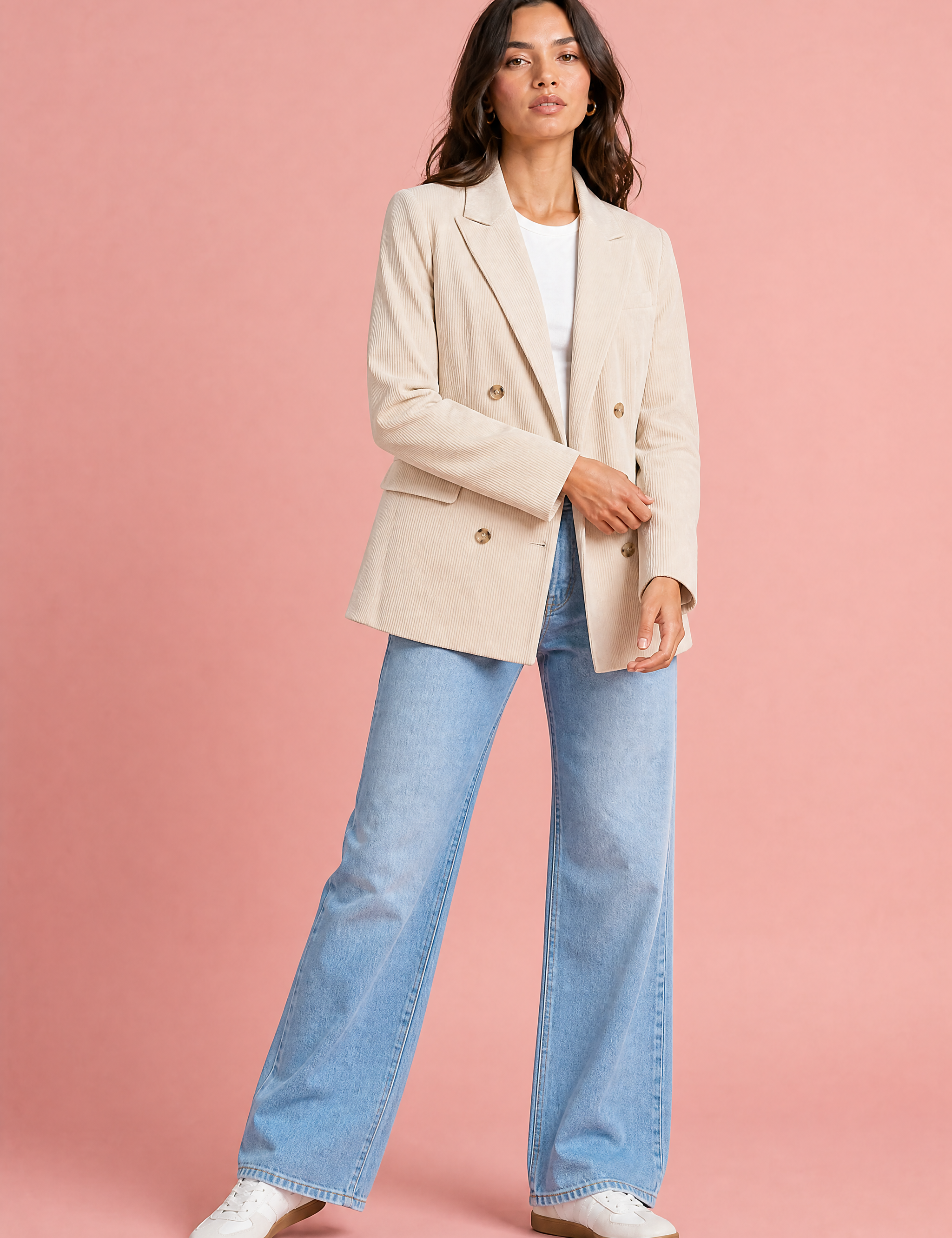 Blazer mi-long velours côtelé | Variante Beige | Lounelle Paris