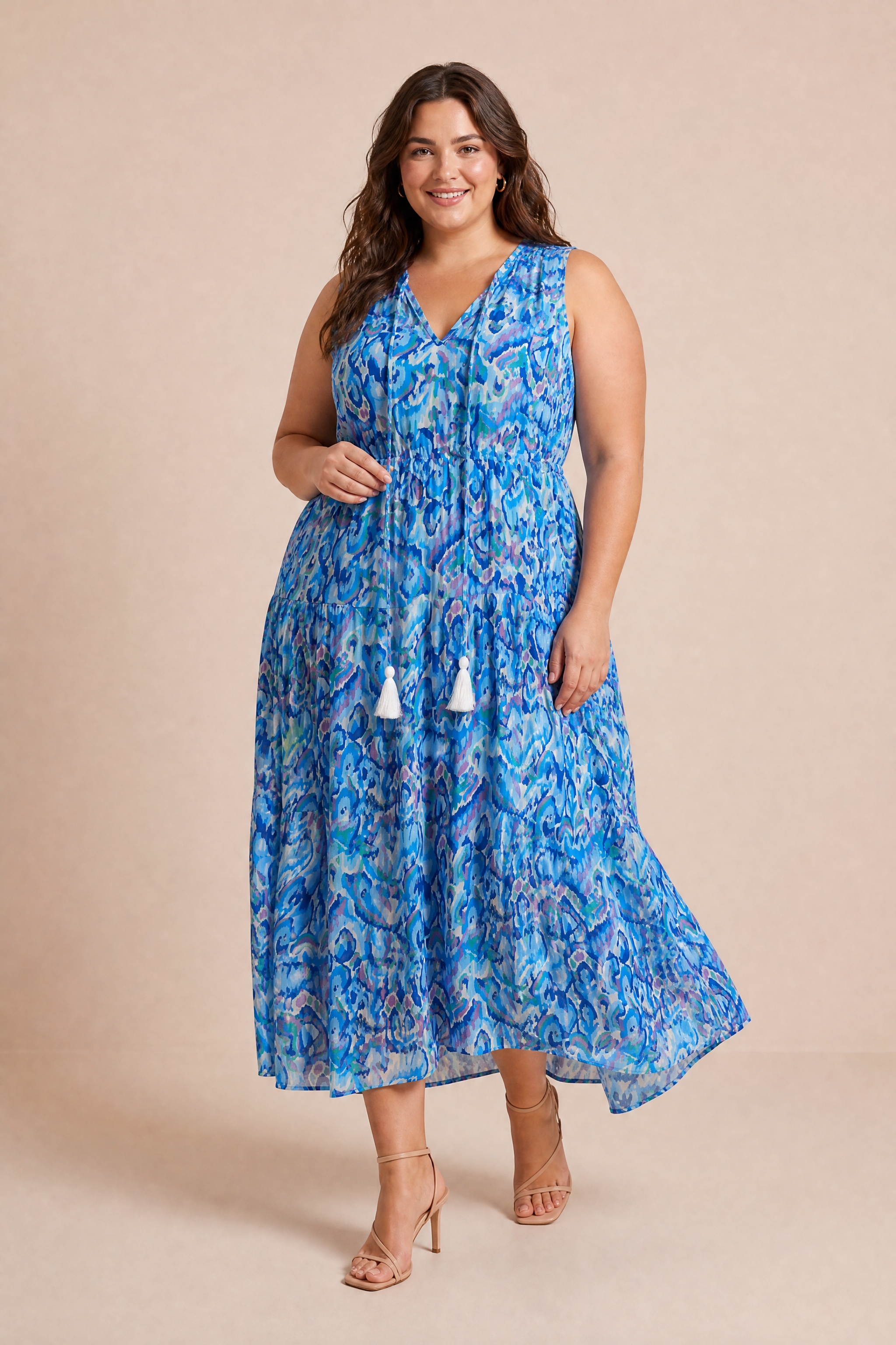 Robe imprimée col V franges | Porté sur une silhouette plus ronde | Lounelle Paris