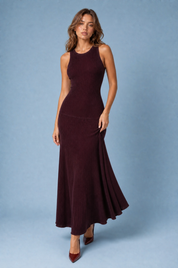 Robe longue bordeaux maille côtelée | Vue en mouvement | Lounelle Paris
