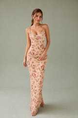 Apricot Floral Backless Maxi Dress