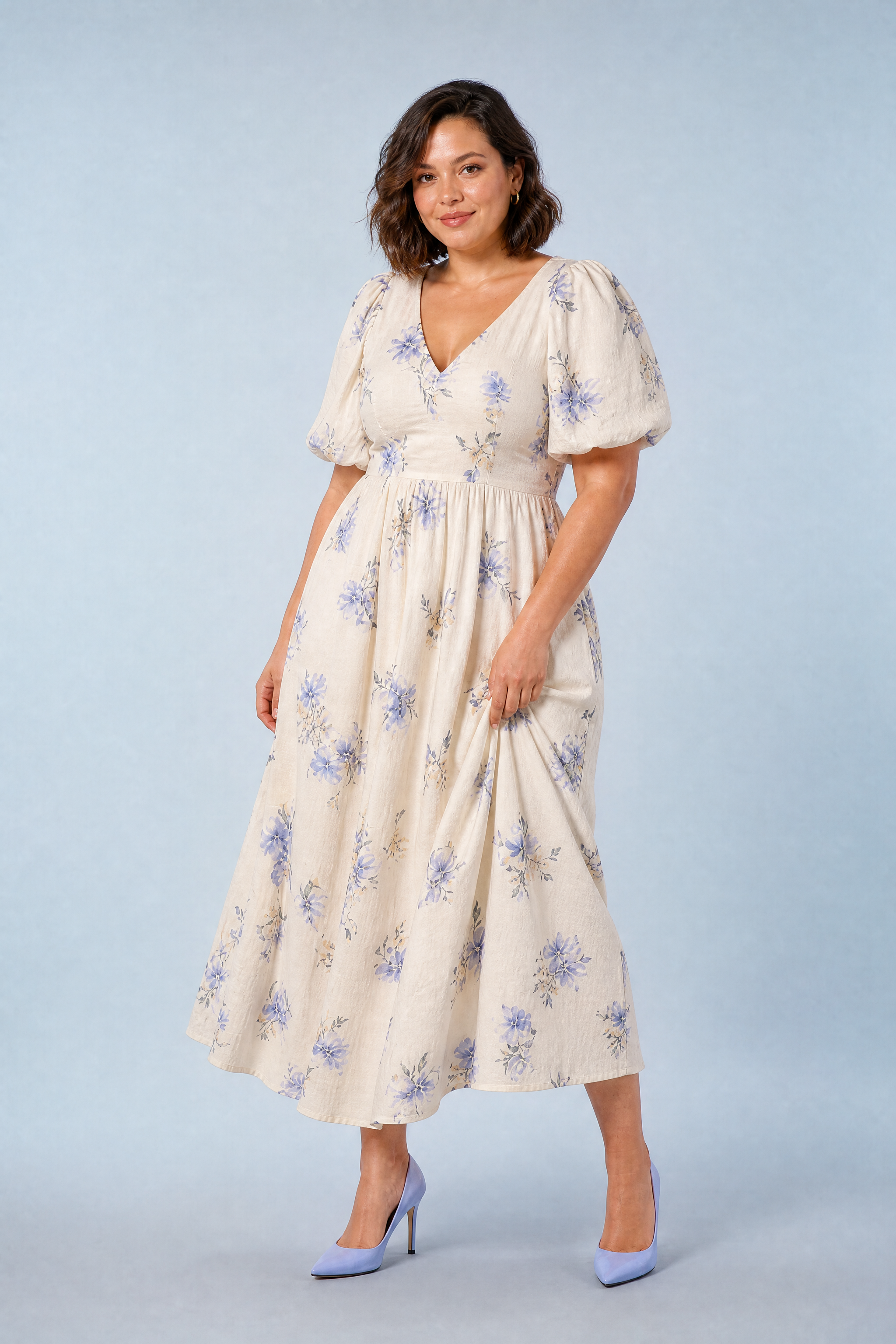 Robe longue écru imprimée col V | Porté sur une autre silhouette | Lounelle Paris