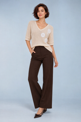 Beige V-Neck Knit Top with Embroidered Flowers
