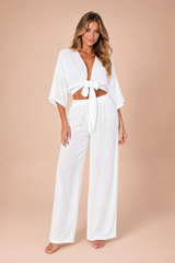 Tie-Front Crop Top & Wide-Leg Pants Set