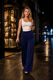 Pantalon large taille haute | Variante Bleu marine - Lifestyle | Lounelle Paris