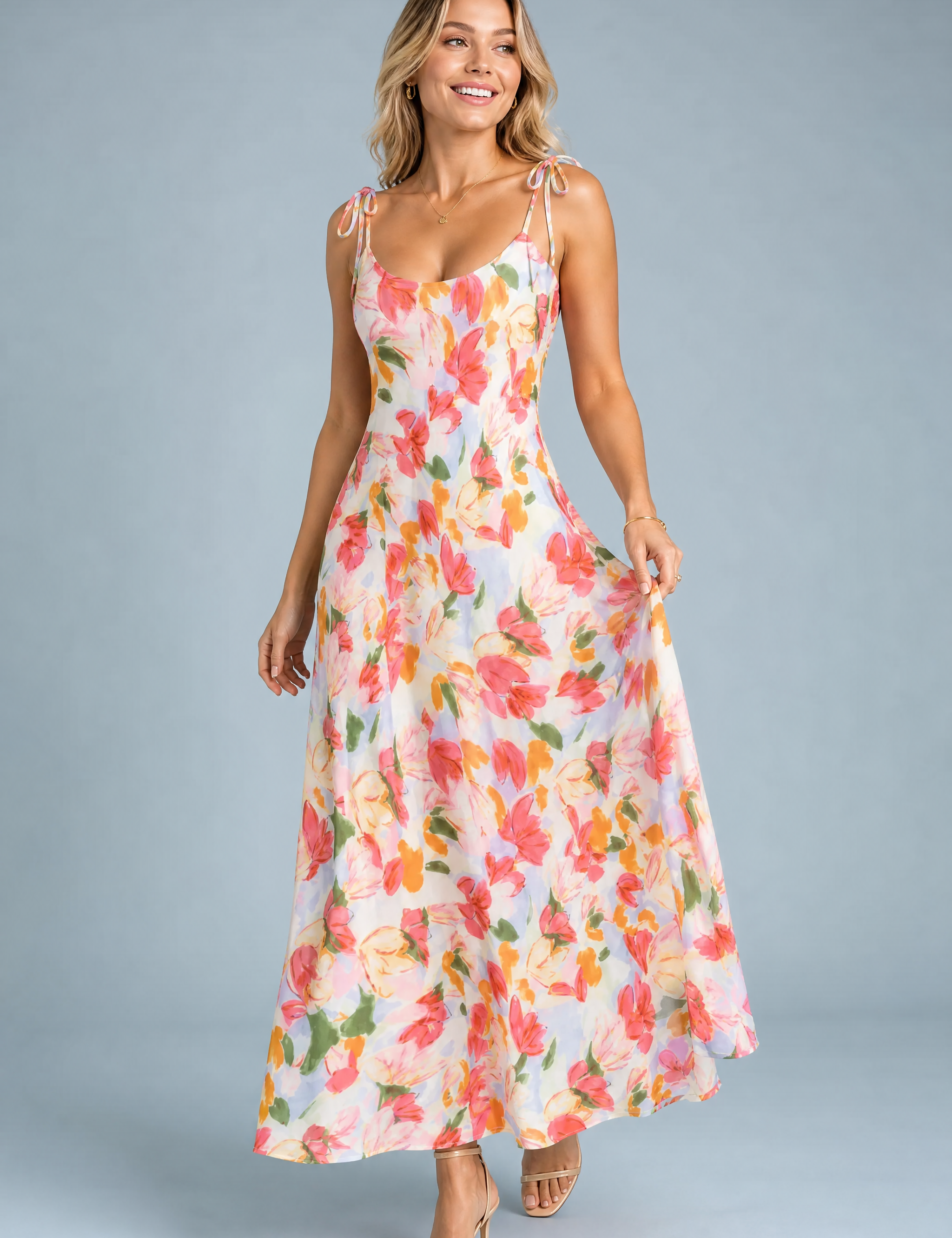 Robe longue bleue à bretelles | Vue de face | Lounelle Paris