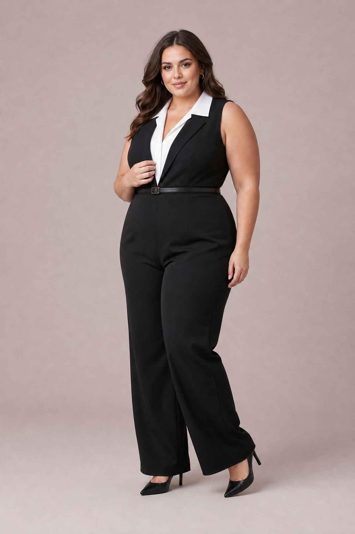 Combinaison noire sans manches col revers | Porté sur une silhouette plus ronde | Lounelle Paris