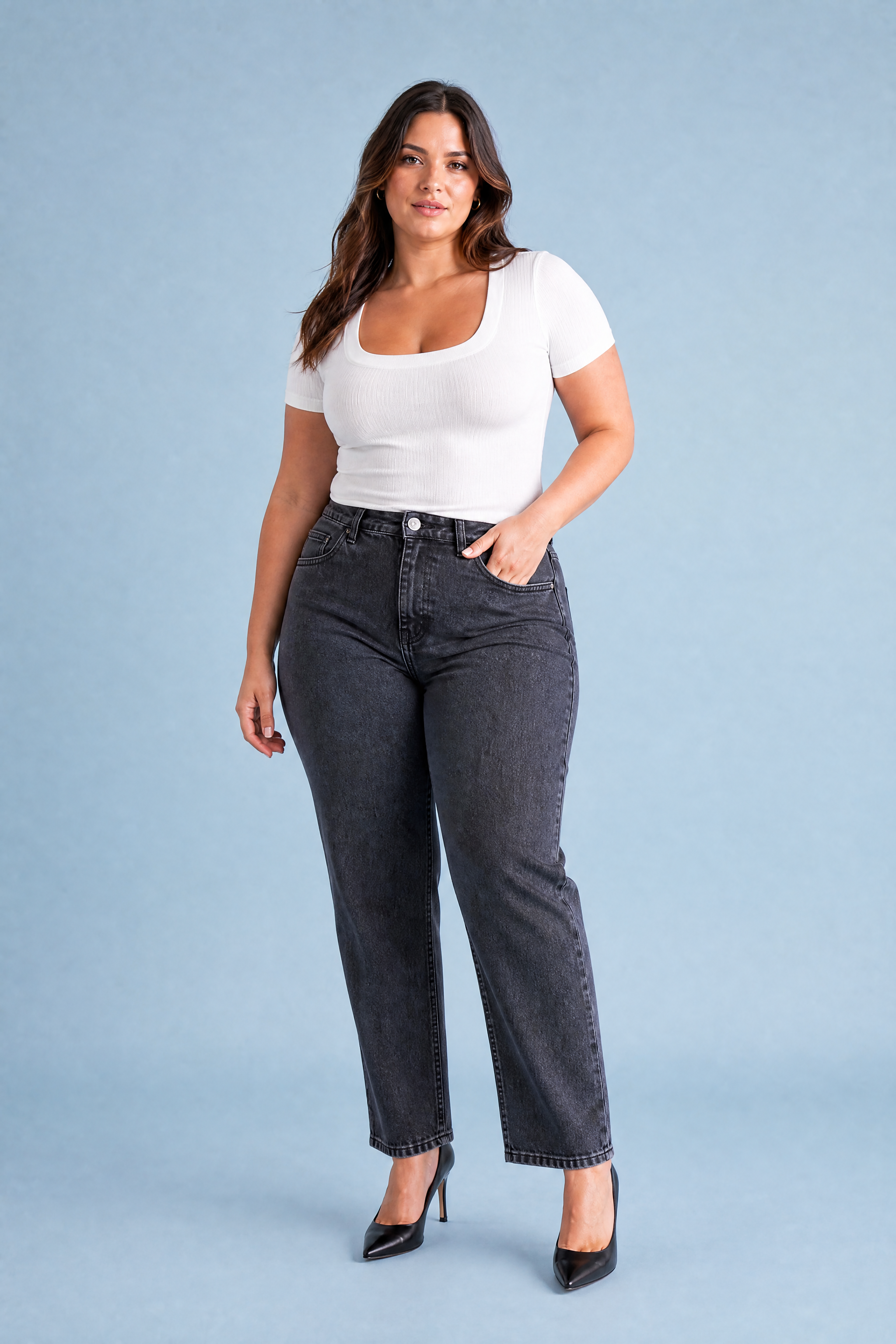 Top col carré maille côtelée | Porté sur une silhouette plus ronde | Lounelle Paris