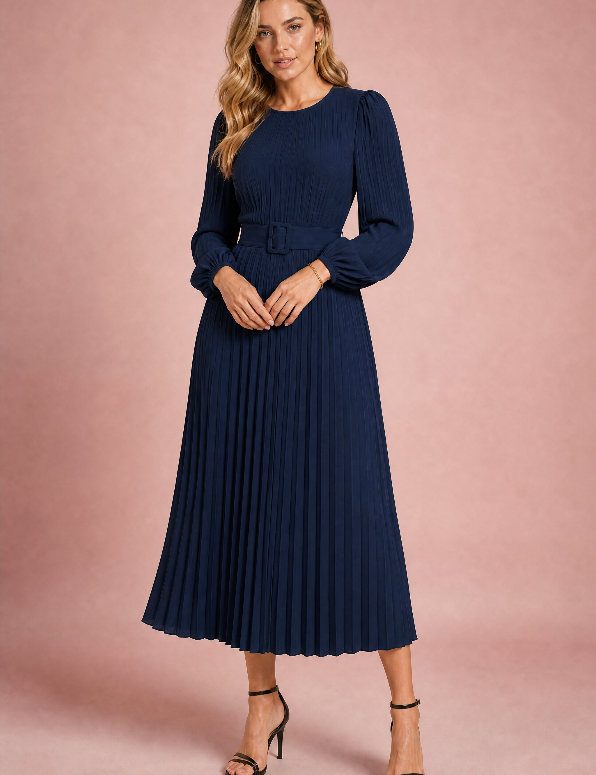 Robe longue plissée à manches bouffantes | Variante Bleu marine | Lounelle Paris