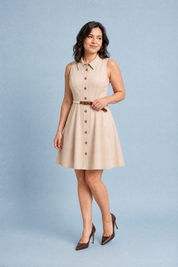 Robe beige col chemise ceinturée | Porté sur une autre silhouette | Lounelle Paris