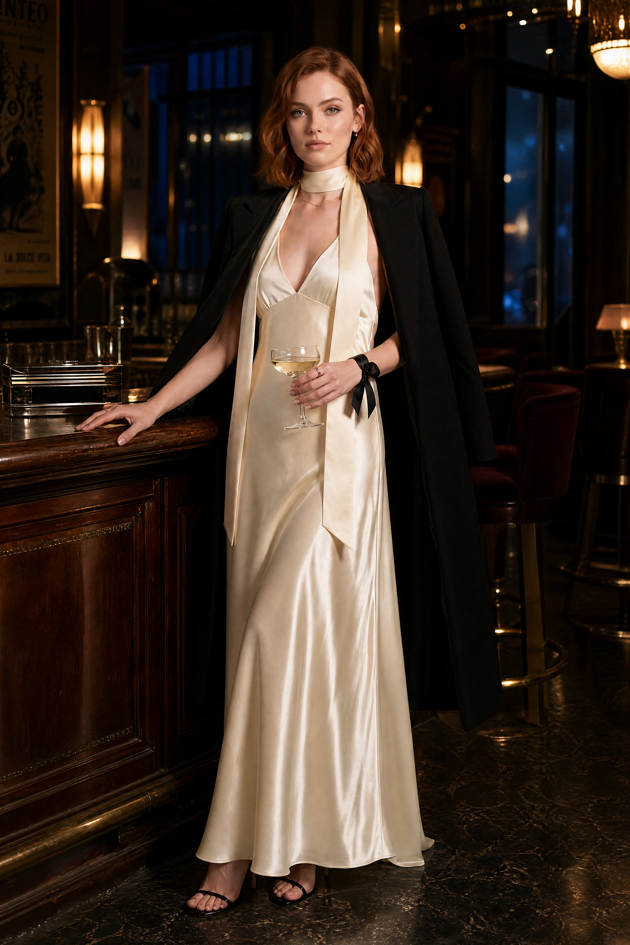 Robe champagne satinée dos nu | Deuxième photo lifestyle | Lounelle Paris