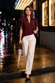 Blouse col V manches volantées | Variante Bordeaux - Lifestyle | Lounelle Paris