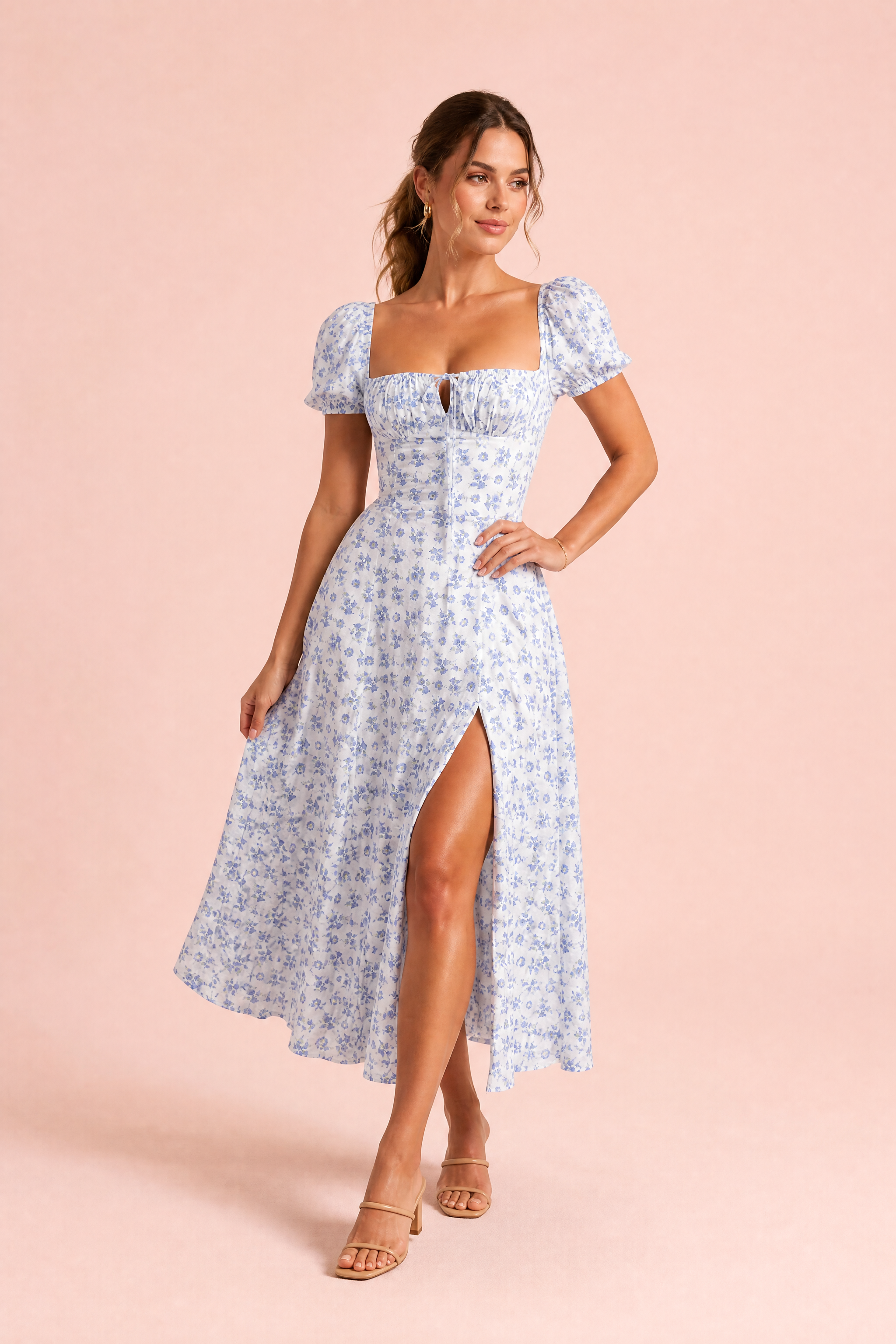 Robe bleue encolure carrée manches bouffantes | Vue de face | Lounelle Paris