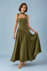 Olive Lace-Up Halter Maxi Dress