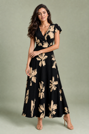 Robe longue imprimée col V | Variante Noir | Lounelle Paris