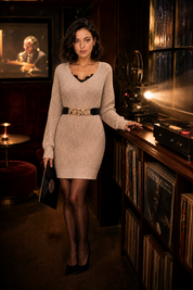 Robe pull beige col V dentelle | Deuxième photo lifestyle | Lounelle Paris